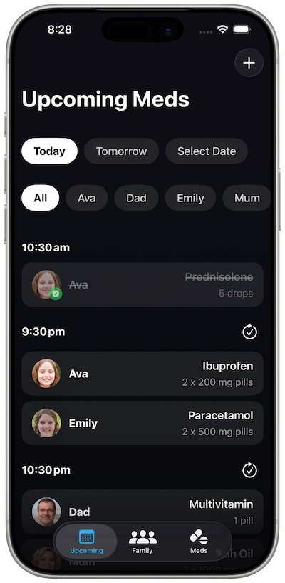 FamilyMeds upcoming medications